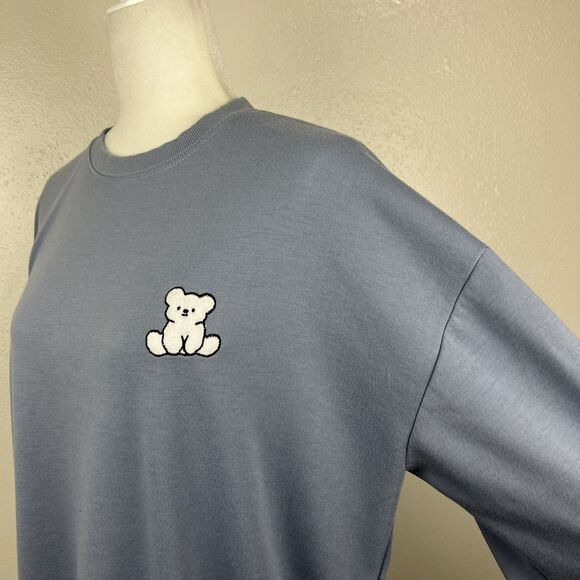 L.A.B. Studio Vivid Lauren Sweater Women Large Blue Grey Pullover Bear Patch - Picture 10 of 13